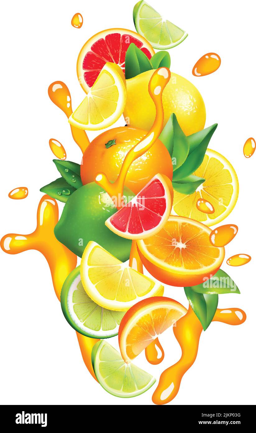 Fresh citrus fruits wedges slices and segment with orange juice splashes around colorful realistic composition vector illustration Stock Vector