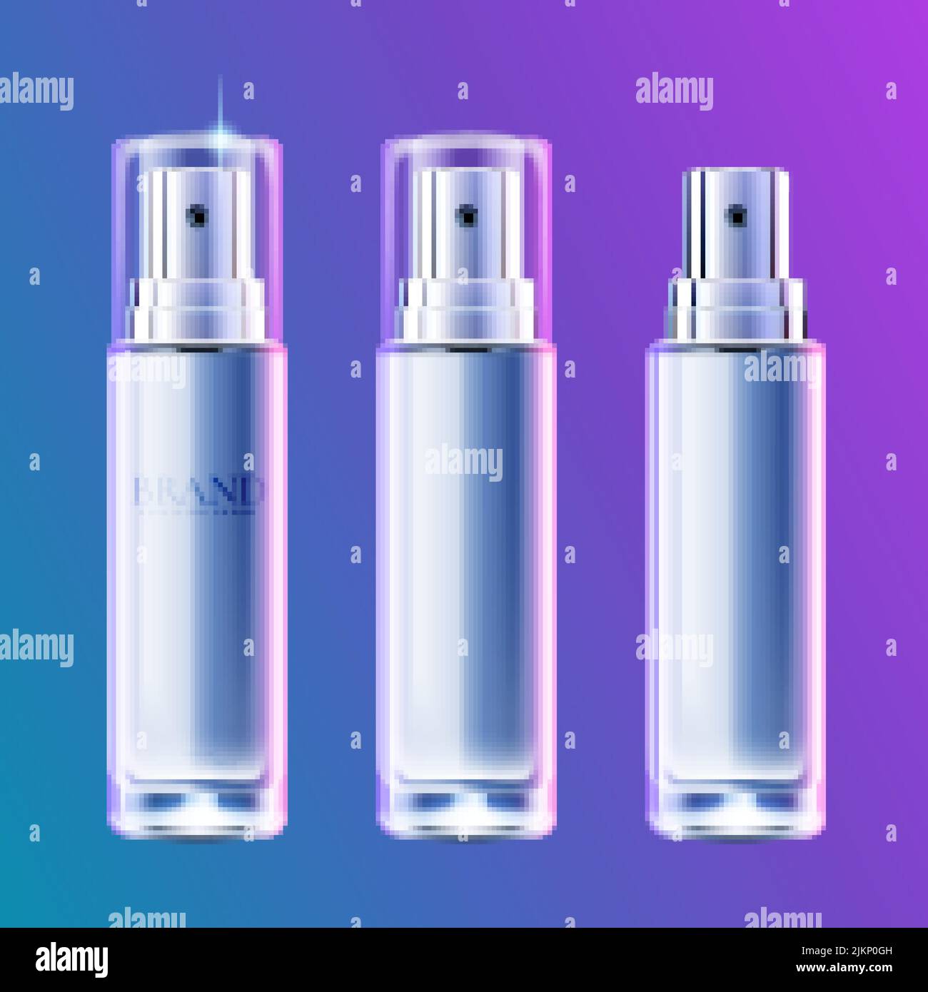 3d cosmetic silver blue essence pump dispenser bottle set. 3 bottles isolated on purple and blue background. Stock Vector