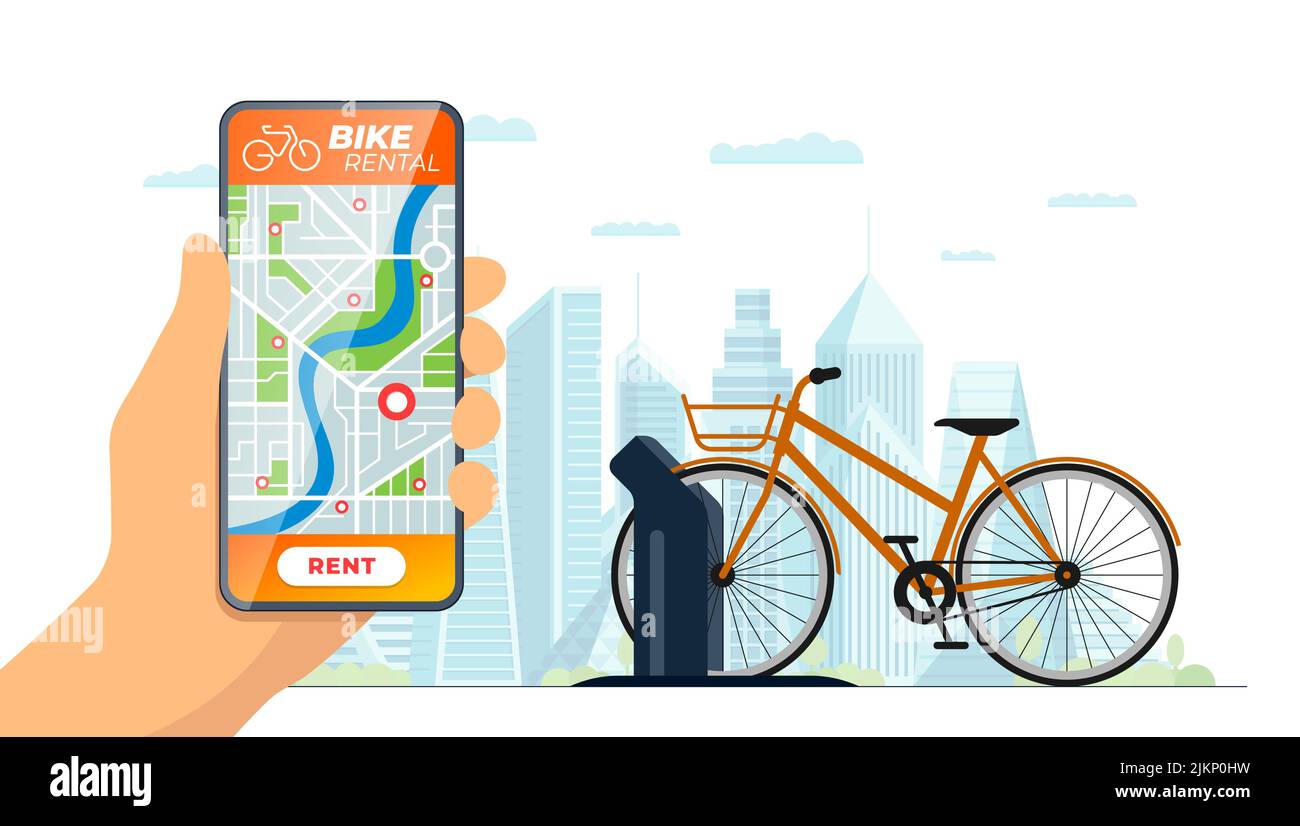 Bike rental mobile app banner. Hand hold smartphone with online application with bicycle rent station in modern city