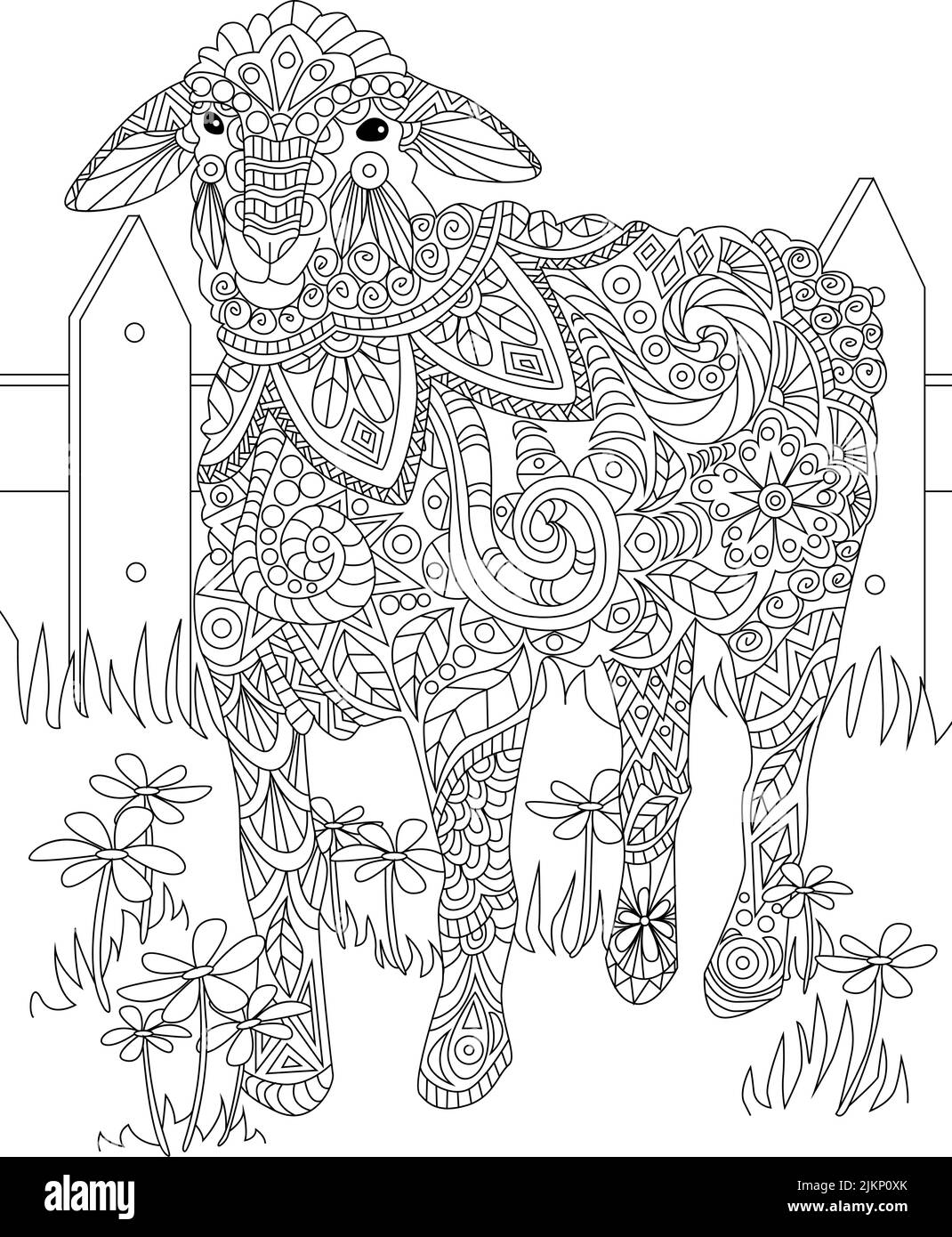 Sheep Colouring Patterns An illustration of a sheep in doodles and patterns on a white ...