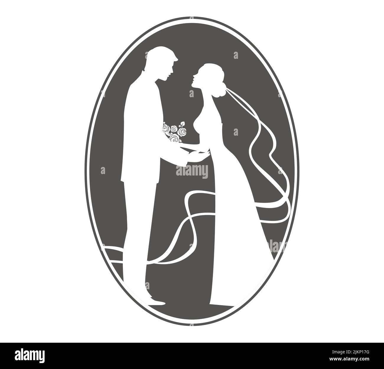 Bride and groom in a round frame Stock Vector