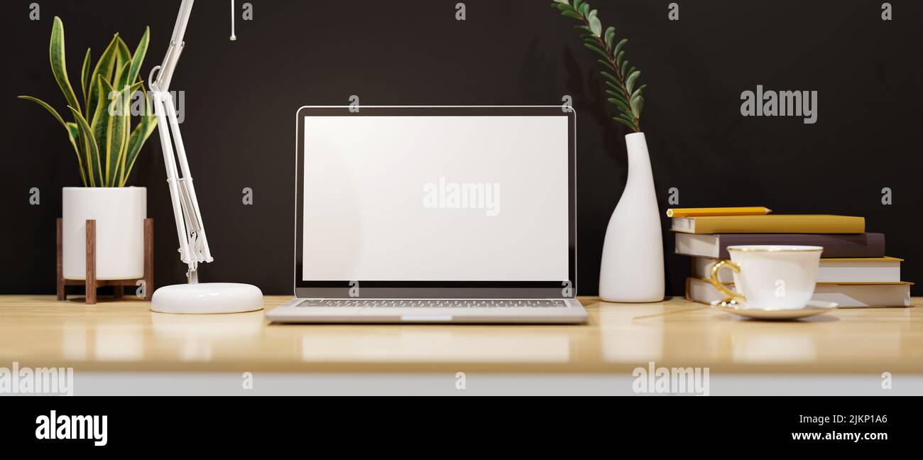 Modern workspace with notebook laptop computer white screen mockup ...