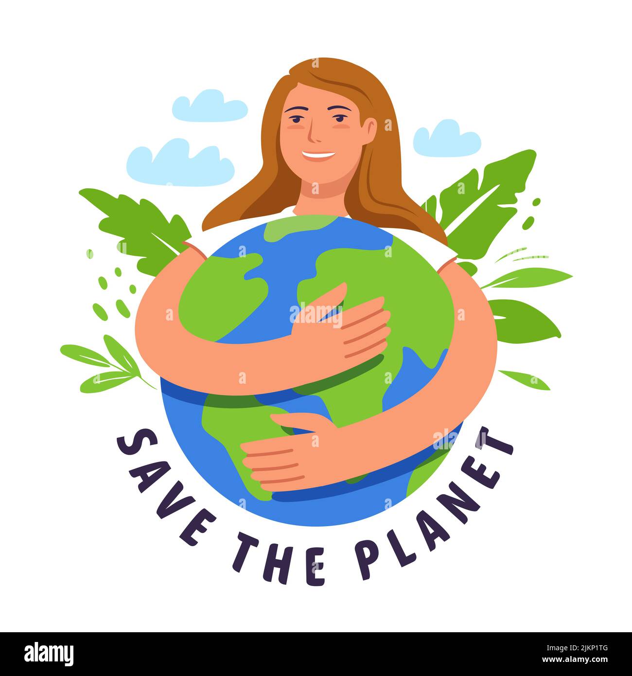 Young woman embracing the planet Earth. Green eco energy concept. Protection of nature, reasonable consumption of natural resources Stock Vector