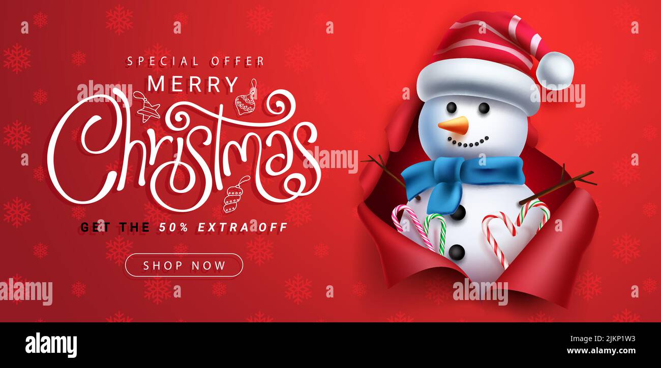 Christmas sale vector banner design. Christmas sale special offer text with seasonal snowman element for xmas shopping holiday promo. Stock Vector