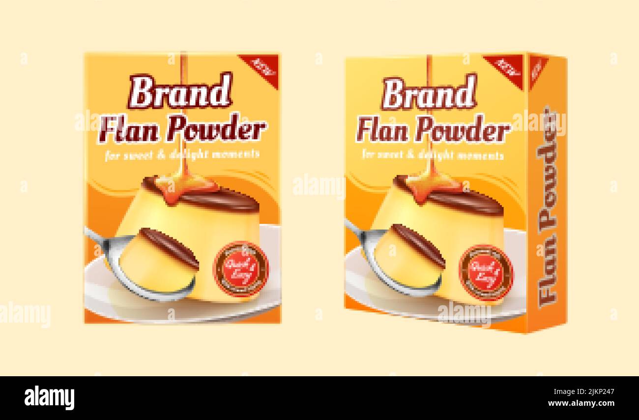 Flan powder package design mockup set in 3d illustration isolated on light yellow background Stock Vector