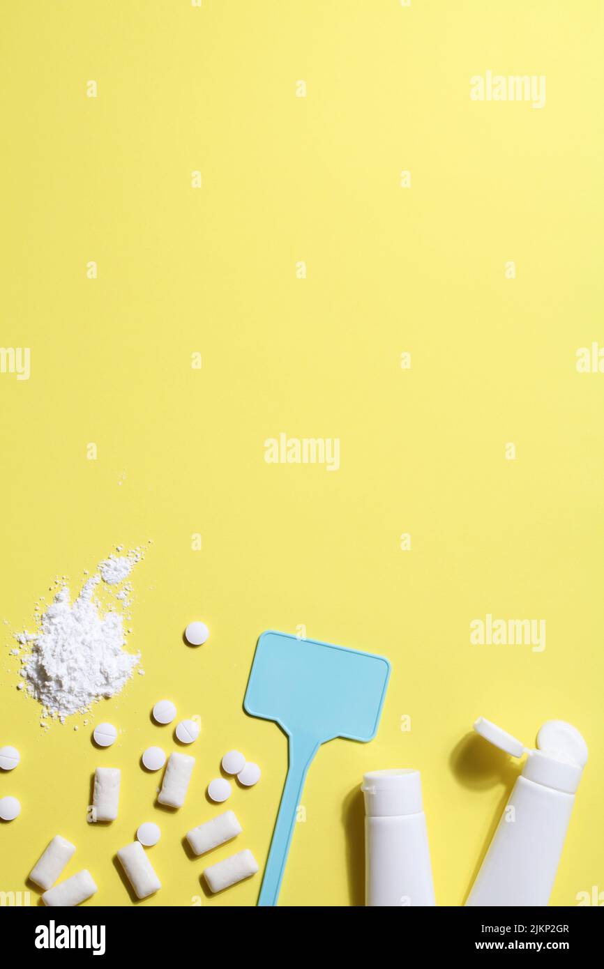 Titanium dioxide, E171, dangerous additive concept. gum, pills