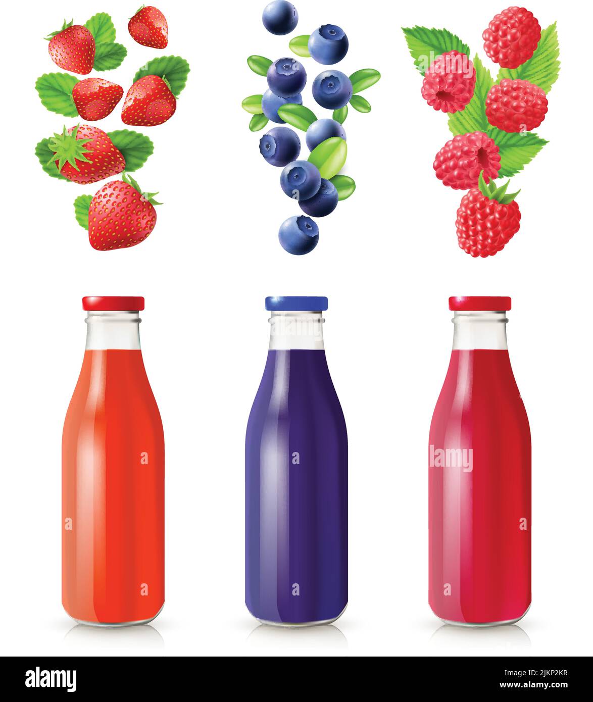 Berry juice realistic set with bottles and berries isolated vector