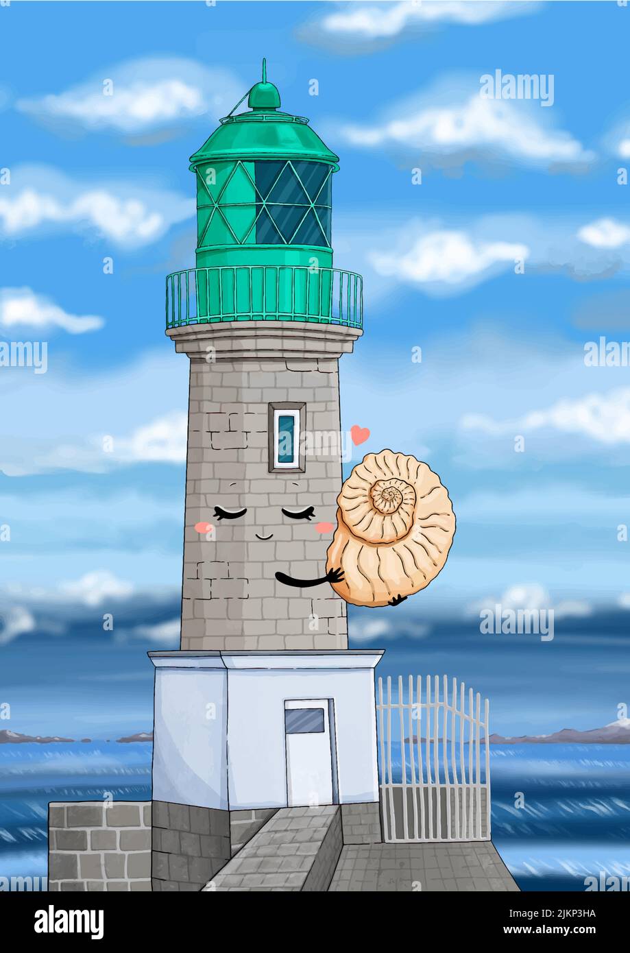 Lighthouse with sea shell children vector cartoon Stock Vector