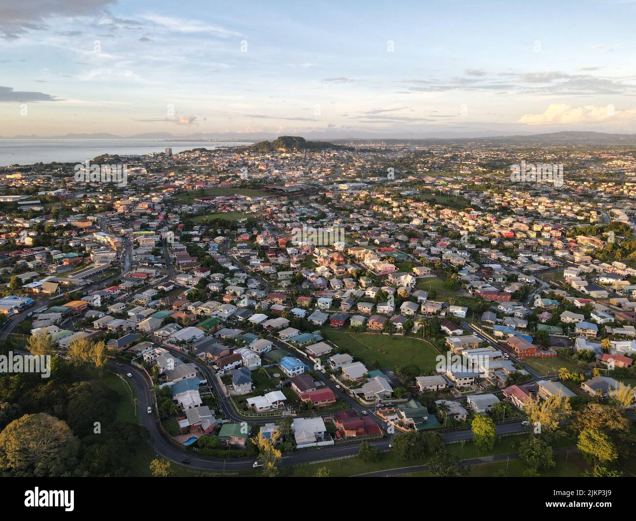 An aerial view of San Fernando city against the dusk sky at sunset in Trinidad and Tobago Stock Photo