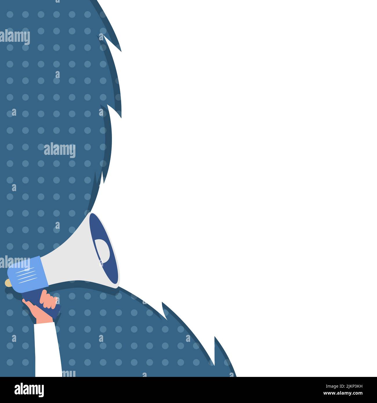 A person's hand holding a megaphone on a blue and white background ...