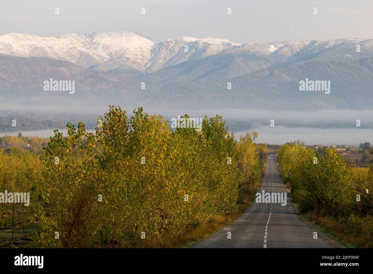 An autumn inclined road on a snowy mountain background during autumn Stock Photo