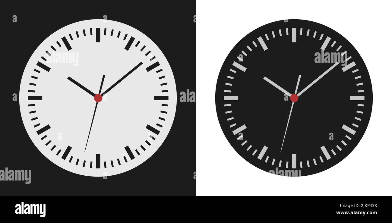 Flat design collection of light and dark clock face illustrations. Circular background with minute, hour and second hand - vector Stock Vector