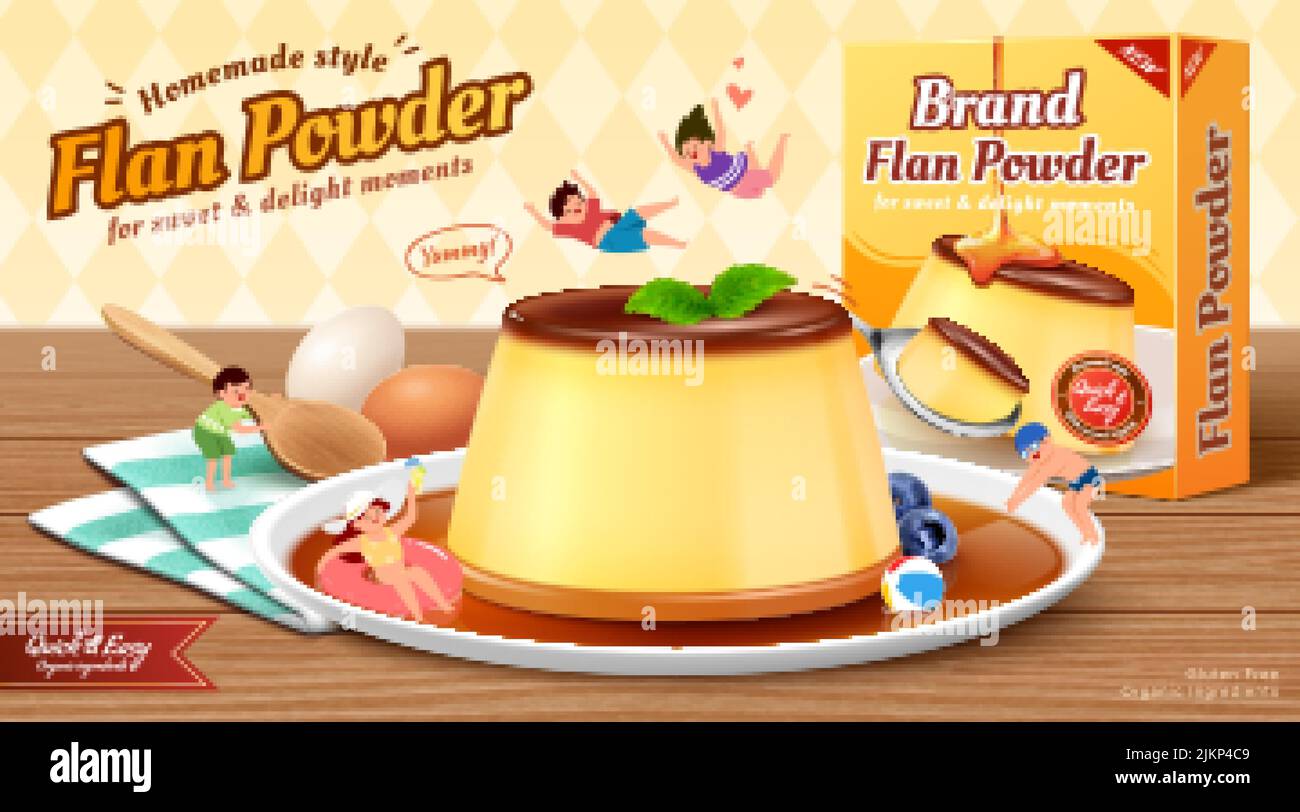 Flan powder ad. 3D Illustration of a custard pudding on plate dipped in caramel sauce and miniature kids playing around with the food on a wooden tabl Stock Vector