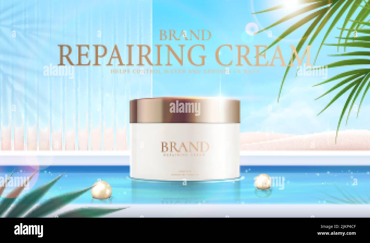 3d summer cosmetic ad template. White jar mock-up floating on the swimming pool water with palm leaves, glass wall and beautiful beach scene. Stock Vector