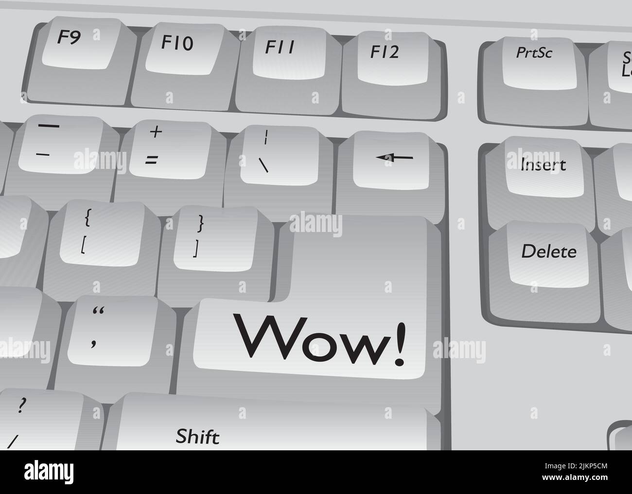 Computer Keyboard with Wow text. Close-up of an electronic Computer Device part, keypad. Stock Vector