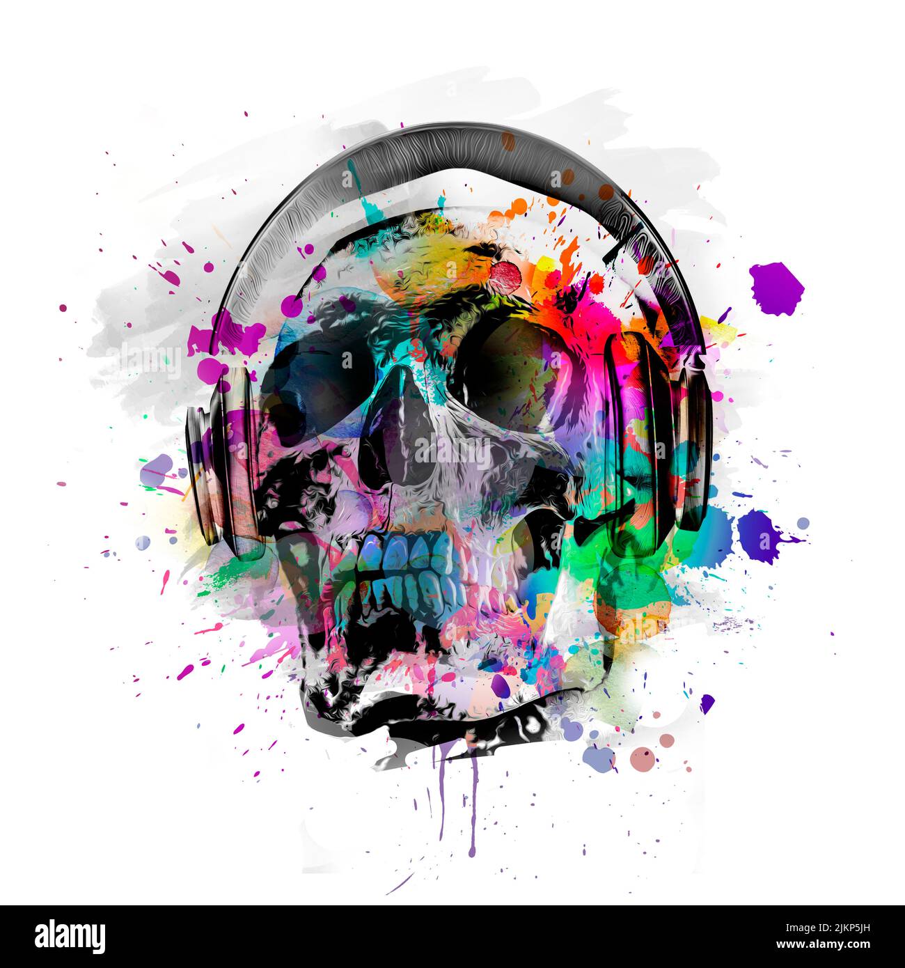 abstract artistic skull dj with headphones, graphic design