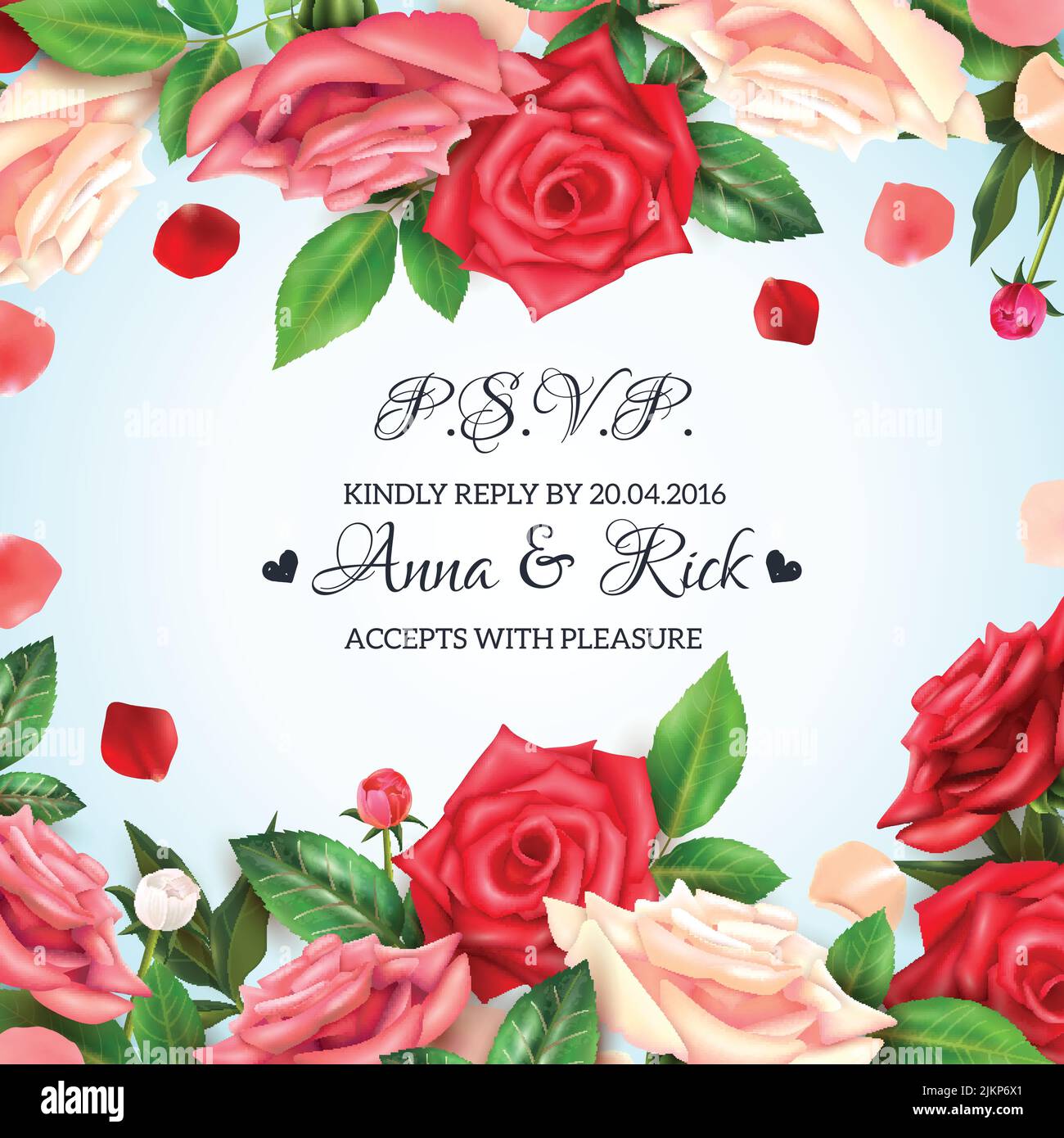 Realistic invitation background with blooming roses petals and buds ...