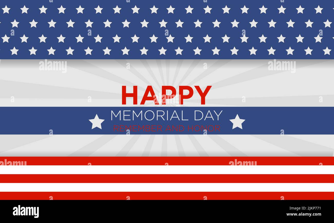 A "Happy memorial day, remember and honor" banner with white stars and ...