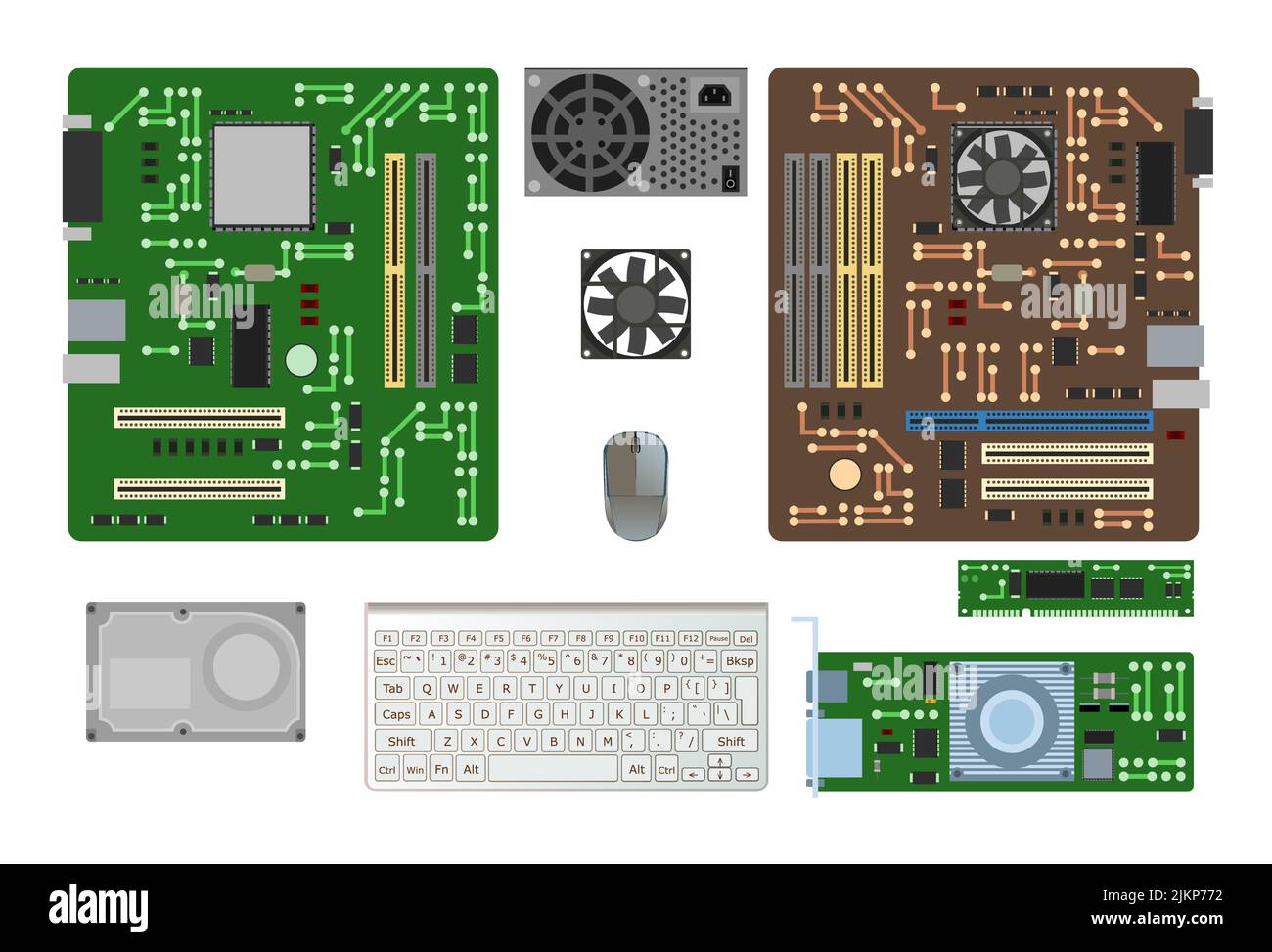 Set of spare part for personal computer. Power supply hard drive. PC or laptop accessories. Motherboard and video card. Keyboard and mouse. Isolated o Stock Vector