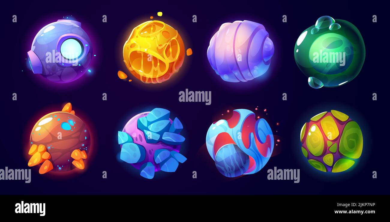 Fantasy alien planets for ui space game. Vector cartoon icons set of ...