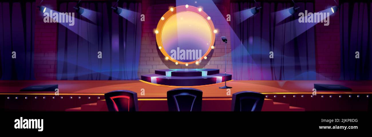 Stage for talent show with round podium, spotlights, mic and jury chairs. Vector cartoon illustration of empty scene in television studio for events, Stock Vector