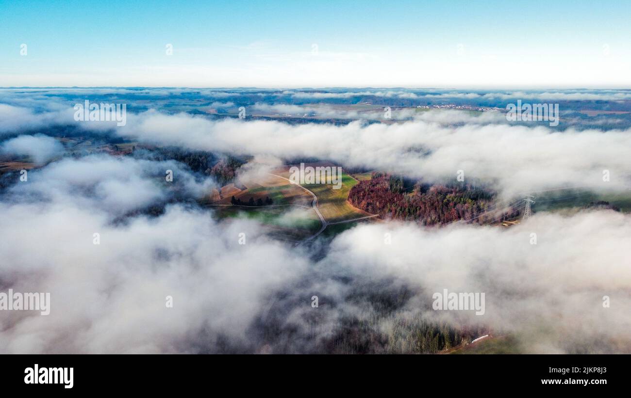 An aerial view of big basin of green leaved trees and plants covered with fog on a beautiful sunny day with blue sky on the horizon Stock Photo