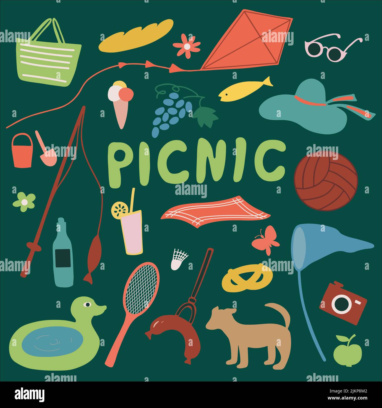 Hand drawn summer leisure set on green background. Stock Vector