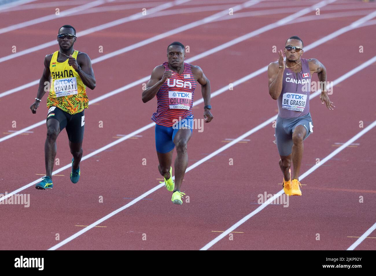 Benjamin Azamati (GHA), Christian Coleman (USA), and Andre De Grasse (CAN) in round one of the 100 meter during the afternoon session on day 1 of the Stock Photo