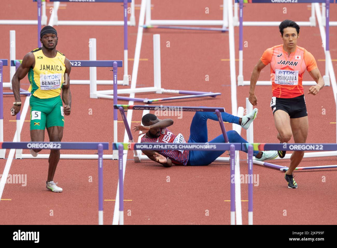 Daniel Roberts (USA) crashes into the 8th hurdle in his first round heat of the 110 meter hurdles during the morning session on day 2 of the World Ath Stock Photo