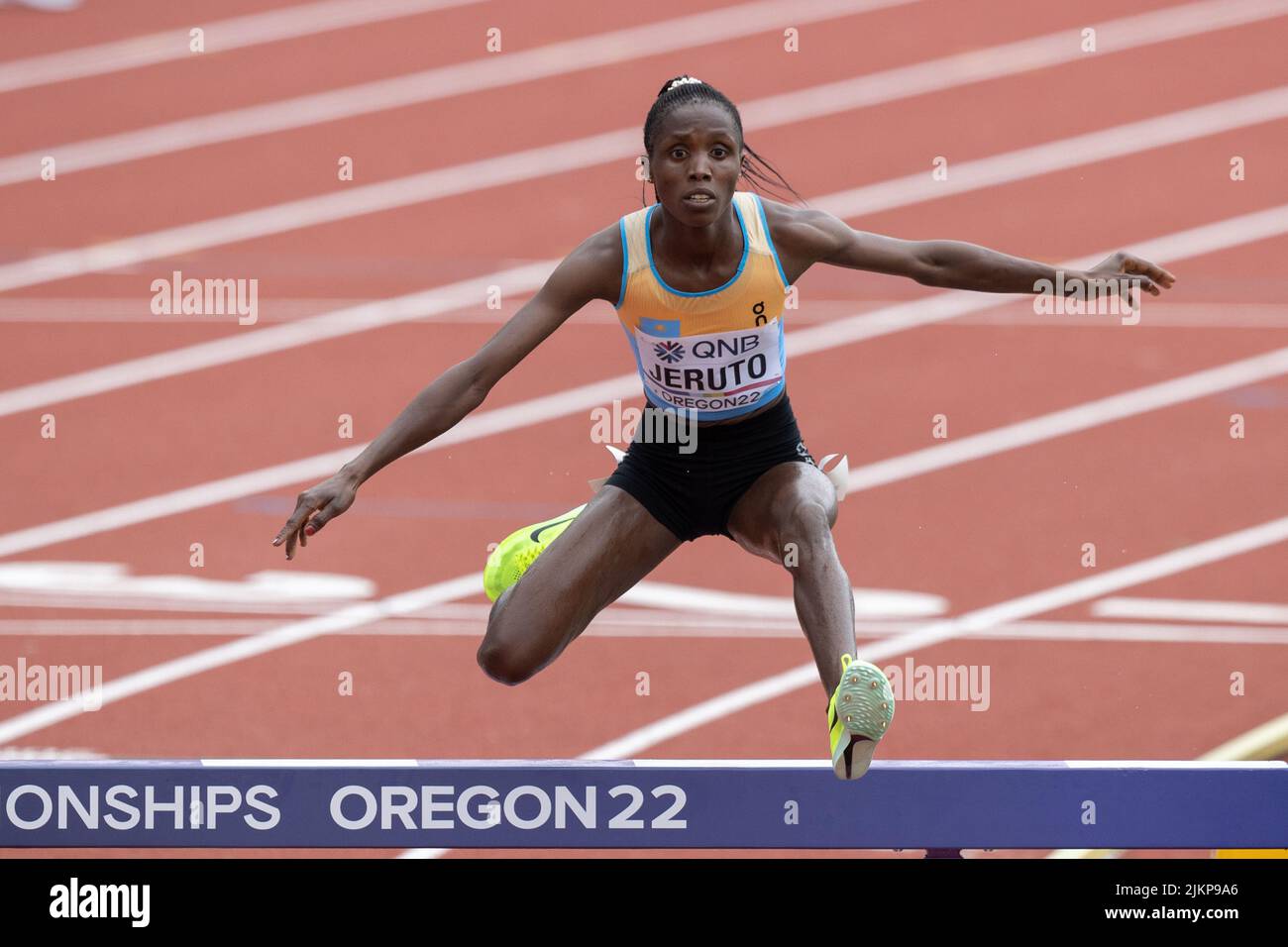 Norah Jeruto (KAZ) qualifies for the 3000 meter steeplechase with a time of 9:01.54 during the morning session on day 2 of the World Athletics Champio Stock Photo