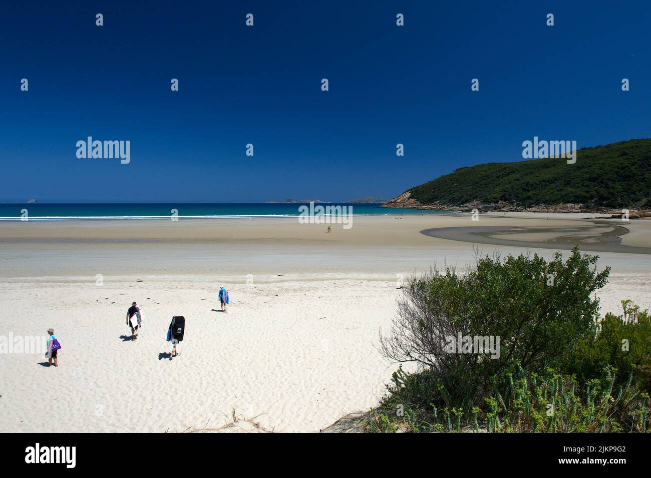 When the tide's out - it's a long walk to the surf at Norman Beach in Wilsons Promontory National Park! Outside holidays you get an empty beach. Stock Photo