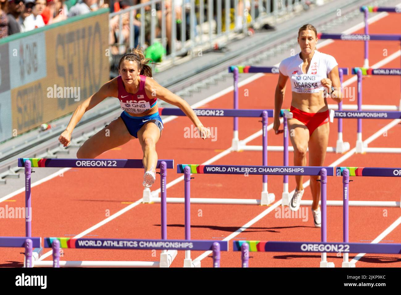 Ashtin Zamzow-Mahler (USA) runs a seasons best 13.47 in the 100 meter hurdles in the heptathlon during the morning session on day 3 of the World Athle Stock Photo