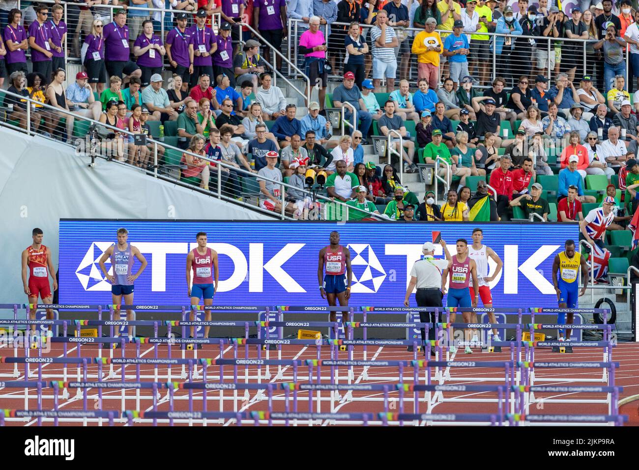 Devon Allen (USA) is shown the red card after reacting to the start in 0.999 seconds just 0.001 too fast at the start of the 110 meter hurdle final du Stock Photo