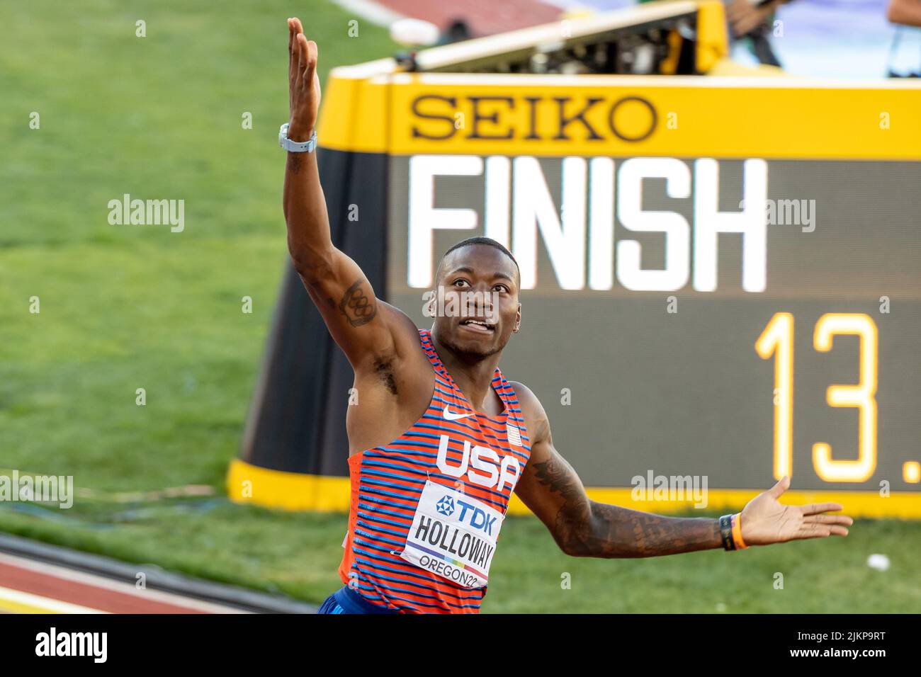 Grant Holloway (USA) celebrates becoming world champion in the 110 meter hurdles in a time of 13.03 during the afternoon session on day 3 of the World Stock Photo