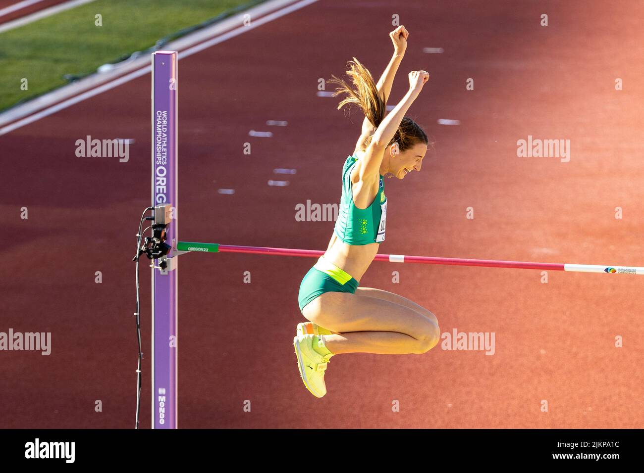 Nicola Olyslagers (AUS) celebrates a clearance of a season best jump of 6-5 (1.96) in the high jump final during the afternoon session on day 5 of the Stock Photo