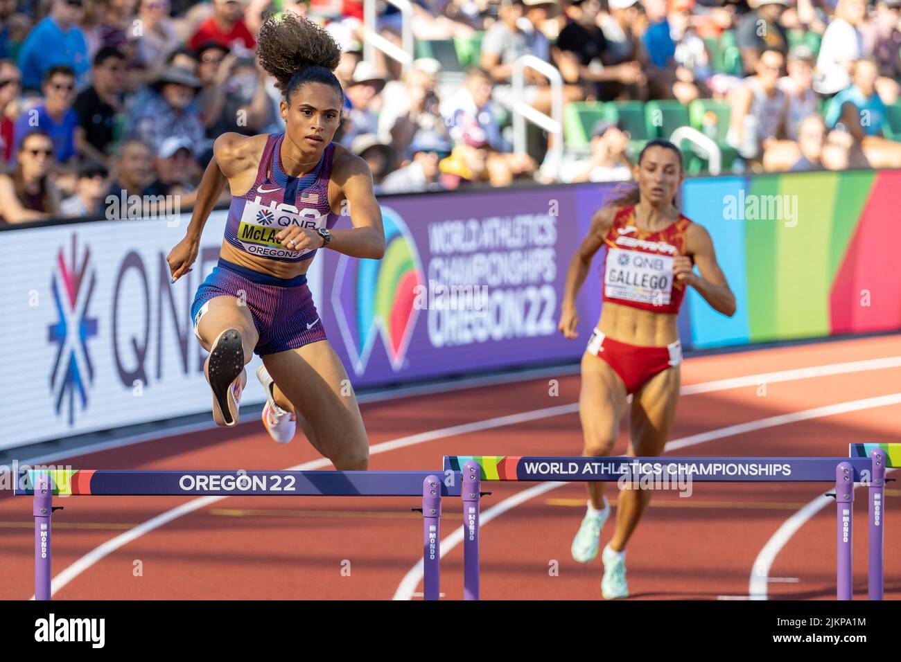 Sydney McLaughlin (USA) runs a time of 53.95 in the first round of the 400 meter hurdles during the afternoon session on day 5 of the World Athletics Stock Photo