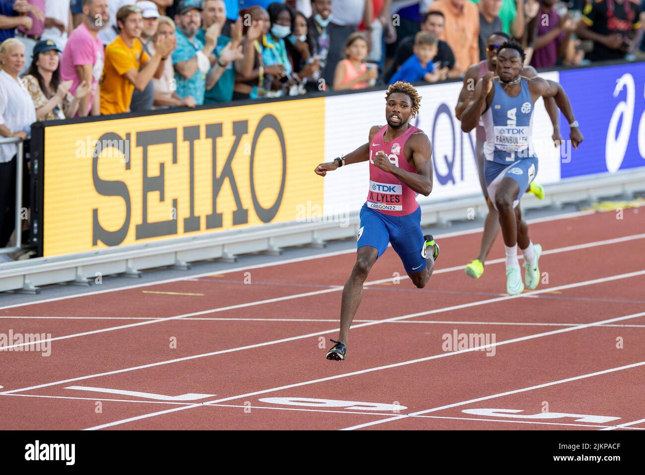 Noah Lyles (USA) crosses the line in a 200 meter world leading time of