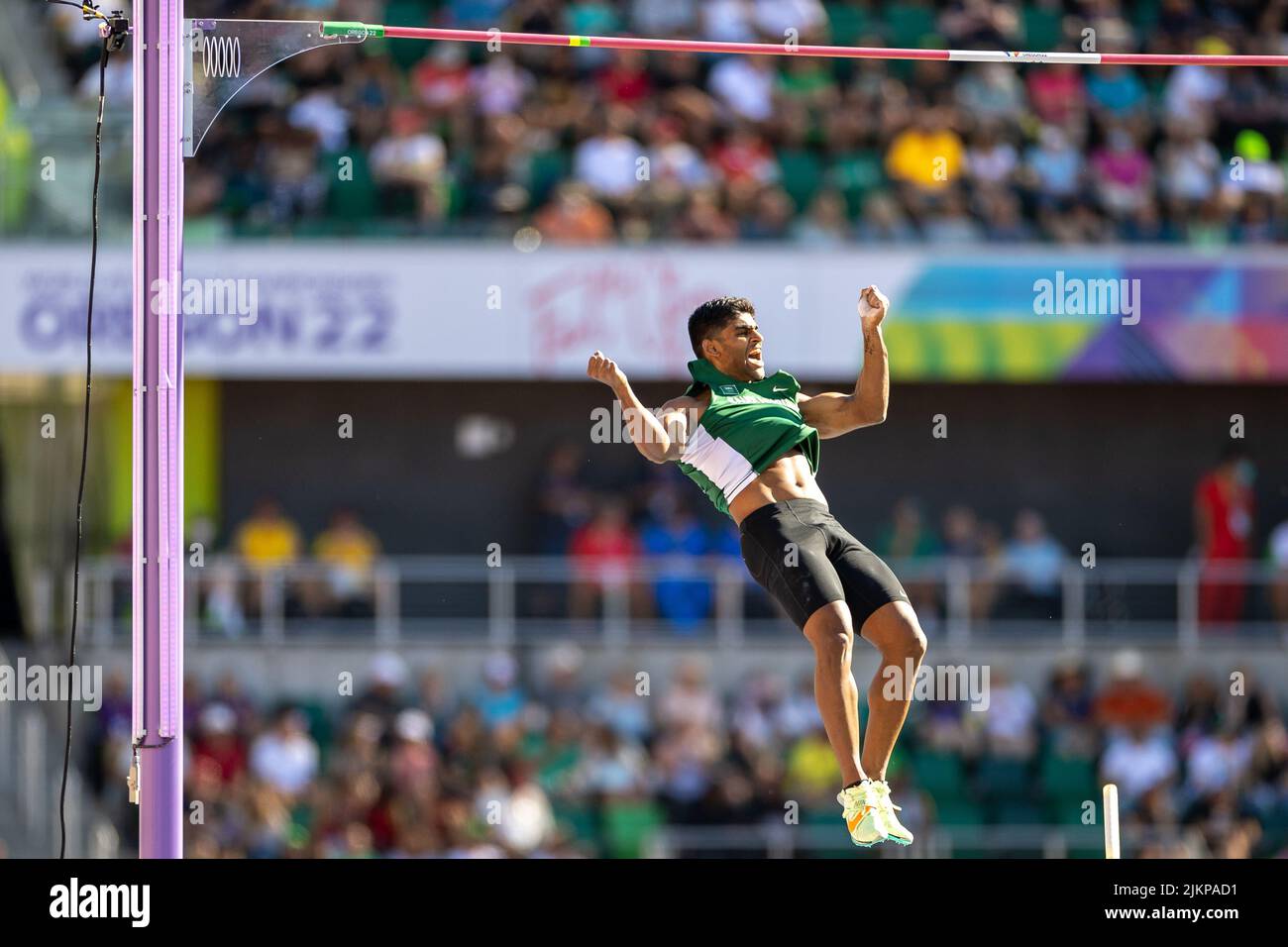 Hussein Assem Al Hizam (KSA) clears a season best of 18-6 1/2 (5.65) in the pole vault qualifying round during the afternoon session on day 8 of the W Stock Photo