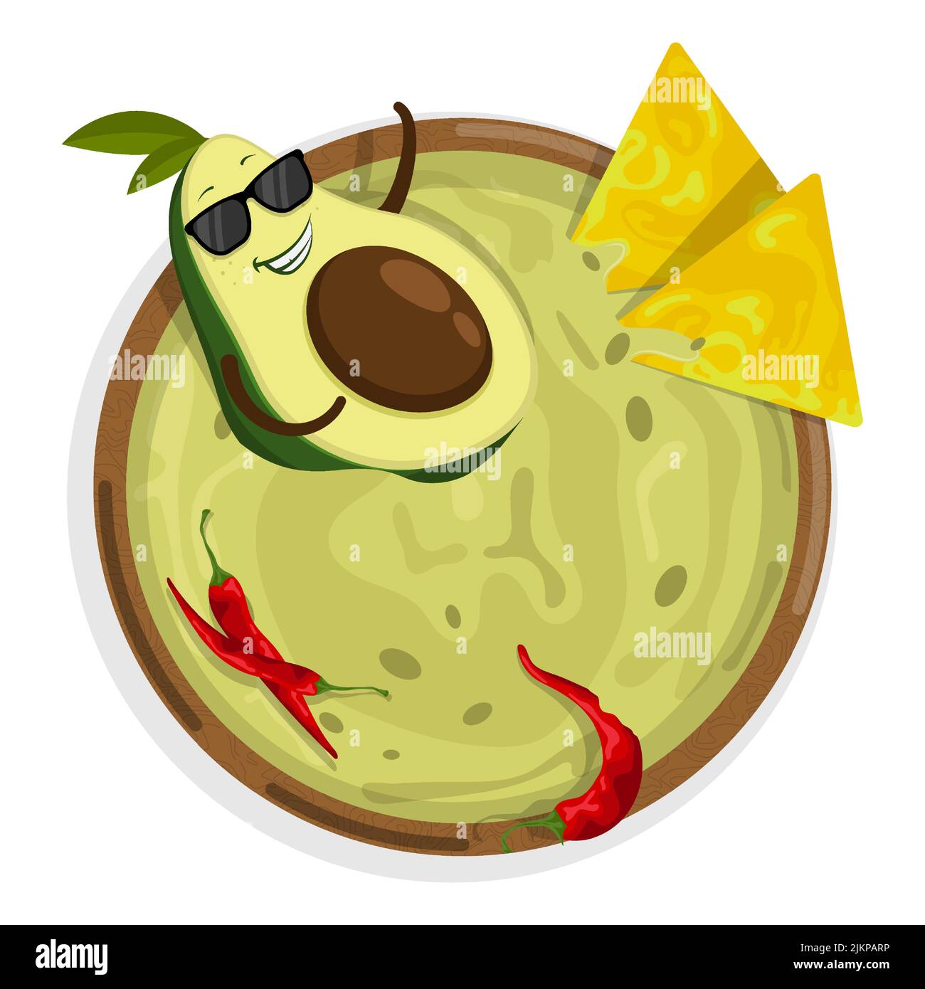 Avocado character swims in bowl of spicy mexican guacamole sauce. Spicy