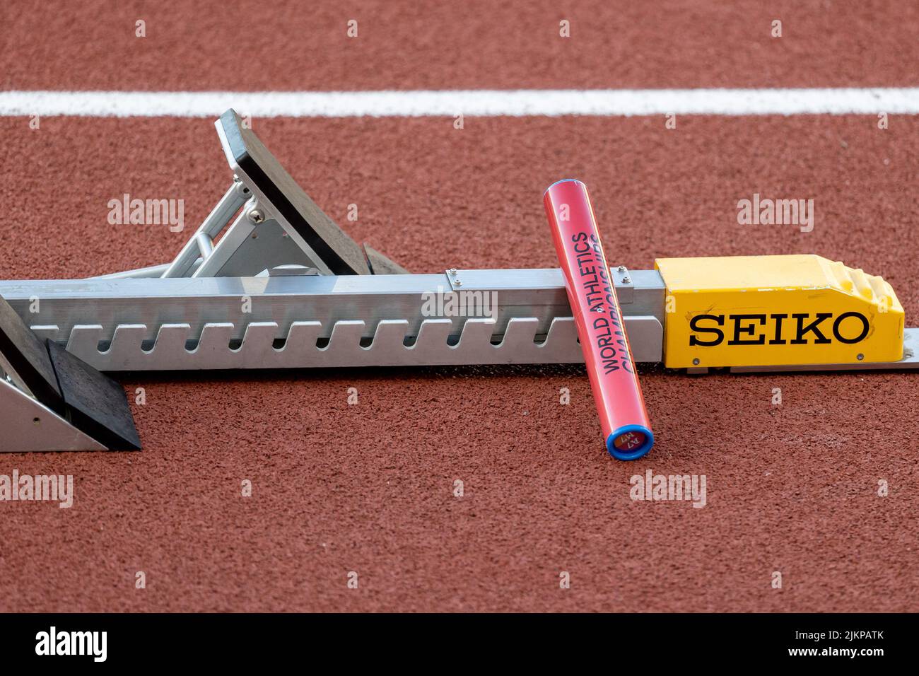 A baton is place on the starting blocks during the afternoon session on day 9 of the World Athletics Championships Oregon22, Saturday, July 23, 2022, Stock Photo