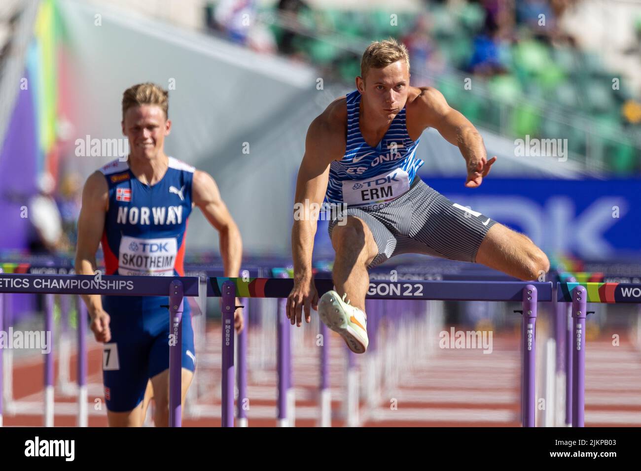 Johannes Erm (EST) runs a season best 14.38 in the decathlon 110 meter hurdles during the morning session on day 10 of the World Athletics Championshi Stock Photo