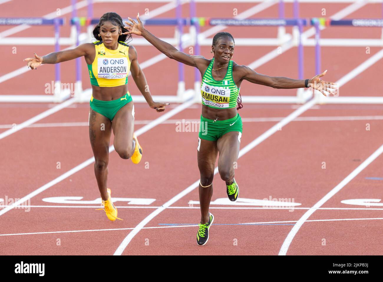 Tobi Amusan (NGR) runs a wind aided 12.06 to 100 meter hurdle
