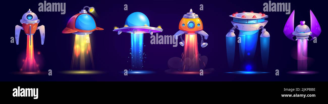 Alien spaceship game icons vector set. Funny flying rockets, ufo ...