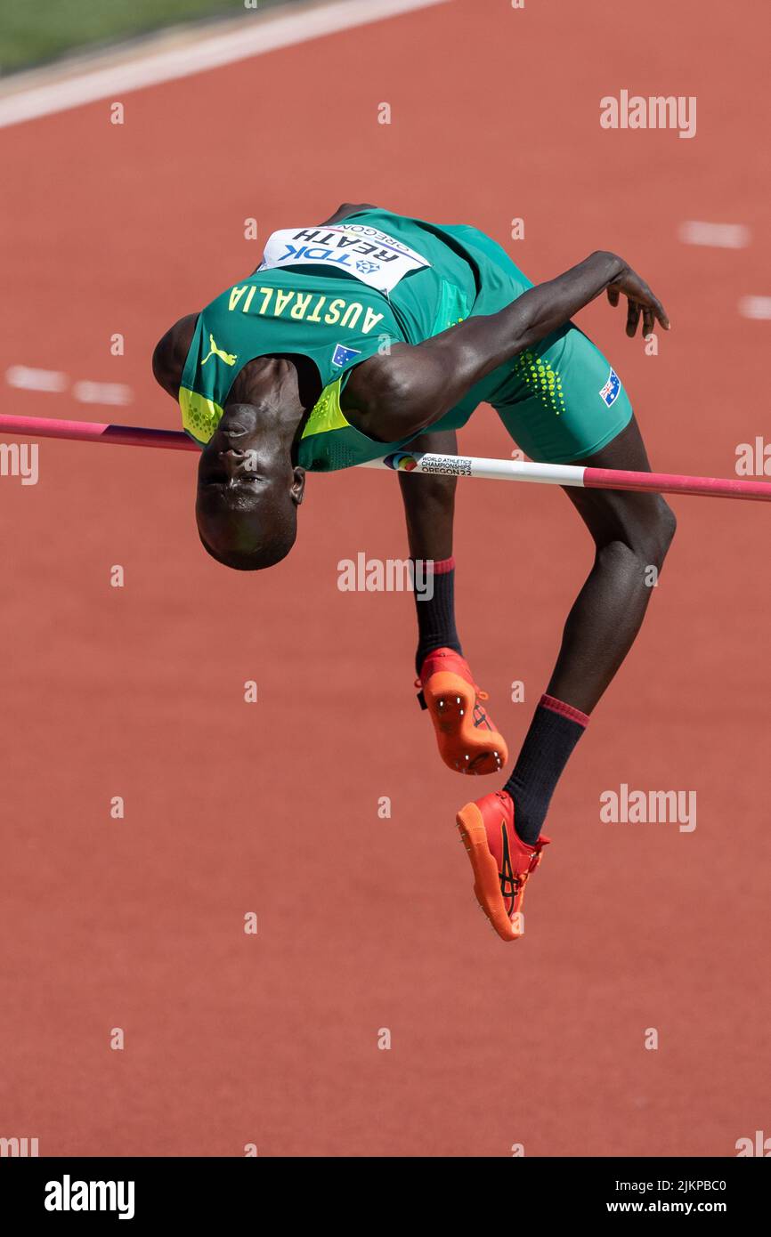 Yual Reath (AUS) clears 7’ 1.5 (2.17) in the qualification round during the morning session on day 1 of the World Athletics Championships Oregon22, Fr Stock Photo