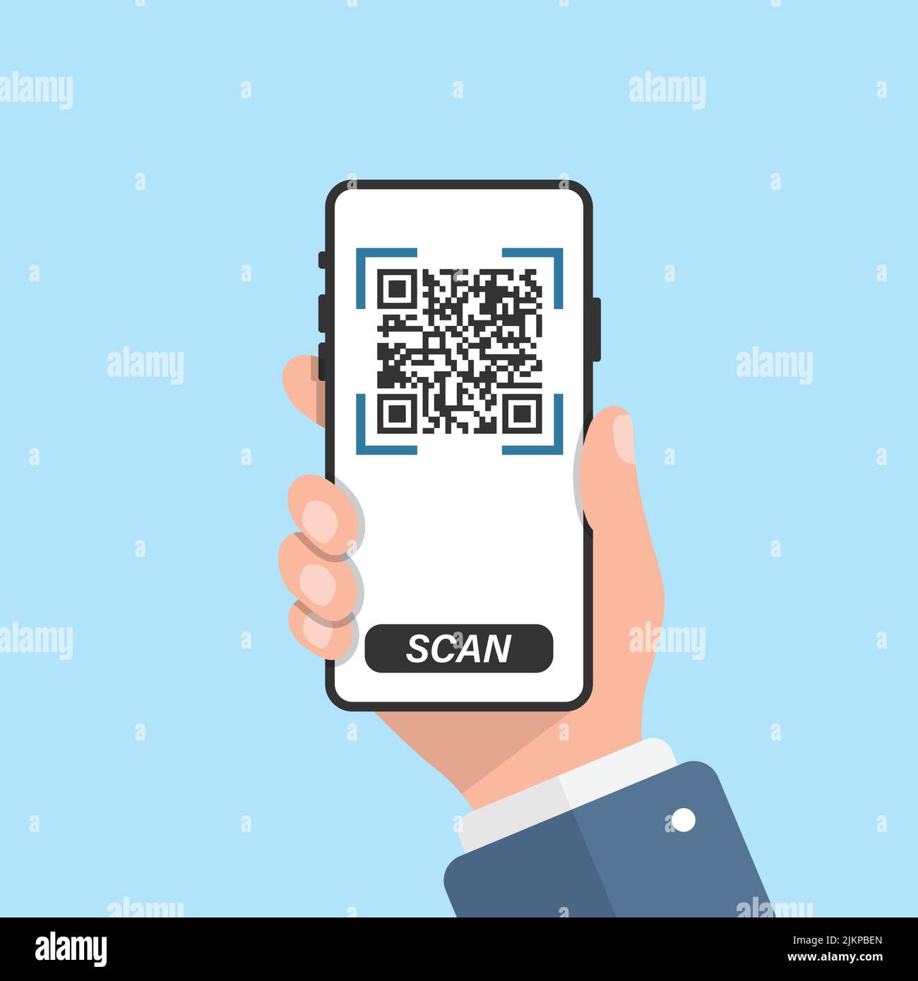 QR code scan illustration in flat style. Mobile phone scanning vector illustration on isolated background. Barcode reader in hand sign business concep Stock Vector
