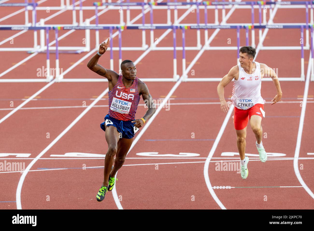 Grant Holloway (USA) celebrates becoming world champion in the 110 meter hurdles in a time of 13.03 during the afternoon session on day 3 of the World Stock Photo
