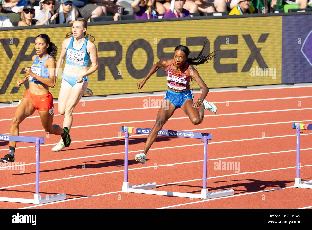Dalliah Muhammad (USA) runs a time of 54.45 in the first round of the 400 meter hurdles during the afternoon session on day 5 of the World Athletics C Stock Photo