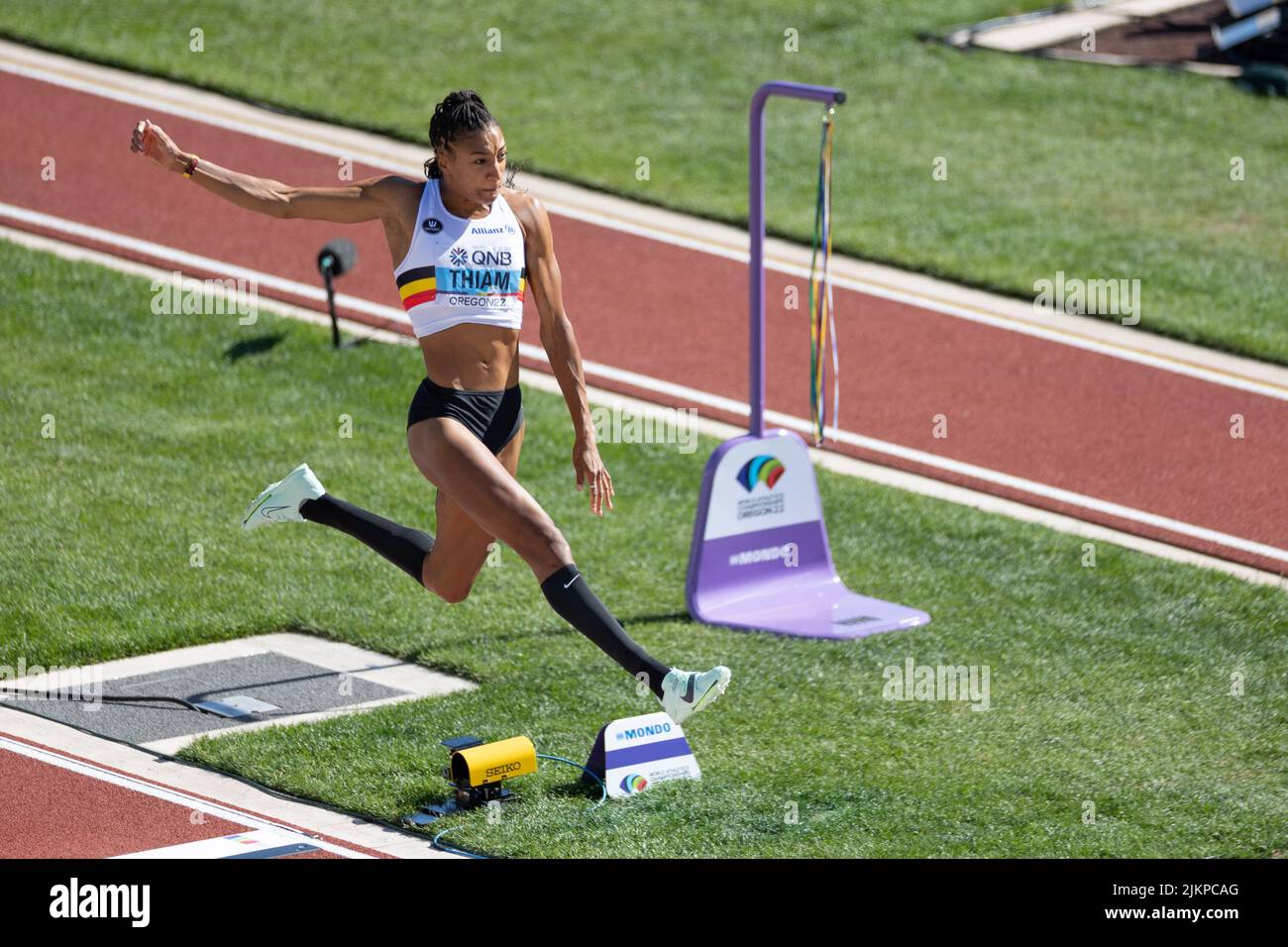 Nafissatou Thiam (BEL) long jumps 21-7 1/2 (6.59) in the heptathlon during the morning session on day 4 of the World Athletics Championships Oregon22, Stock Photo