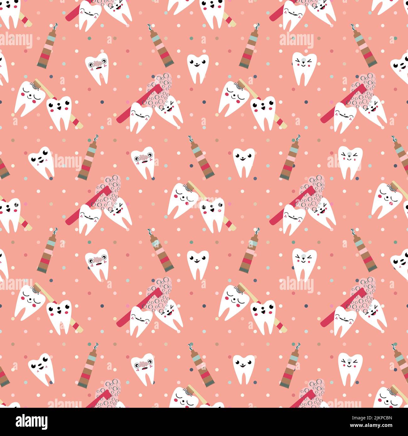 Kawaii tooth kids dental care vector educational seamless pattern ...