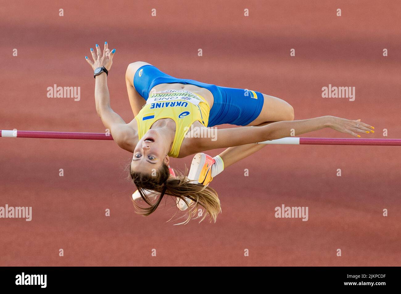 Yaroslava Mahuchikh (UKR) jumps 6-7 1/2 (2.02) to claim the silver medal in the high jump during the afternoon session on day 5 of the World Athletics Stock Photo